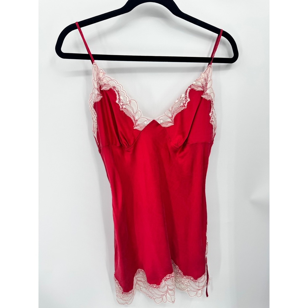 Victoria's Secret Slip Dress Women M Red Vintage 100% Silk Lace Trim Chemise